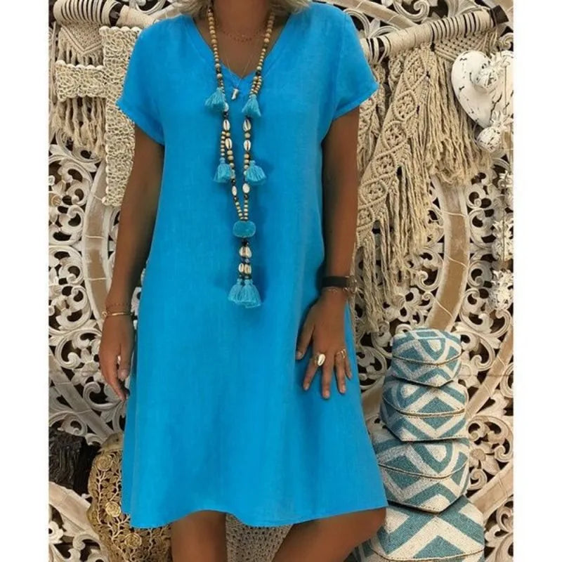 2024 New Popular Eleven Color Eight Size Solid Short Sleeve V-Neck Dress