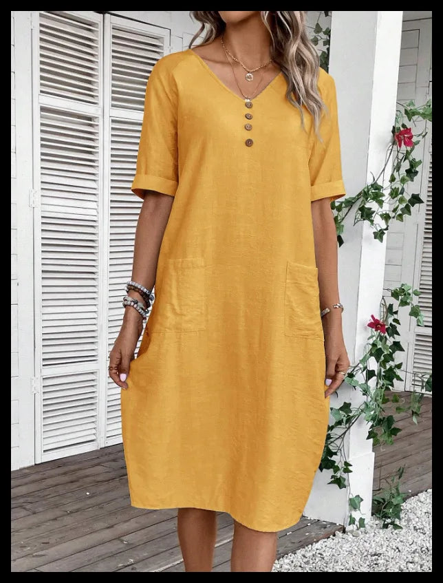 Cotton Linen Casual Women's Dresses 2026 Spring/Summer Holiday Short Sleeve Solid V-neck pokect Large Swing Loose Dress