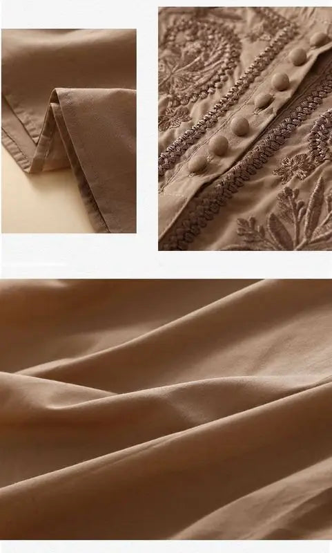 Summer New Artistic Retro Loose Design Embroidered Cleanfit round Ne ort Sve Ladies T-irt Linen Fabric Plant Floral