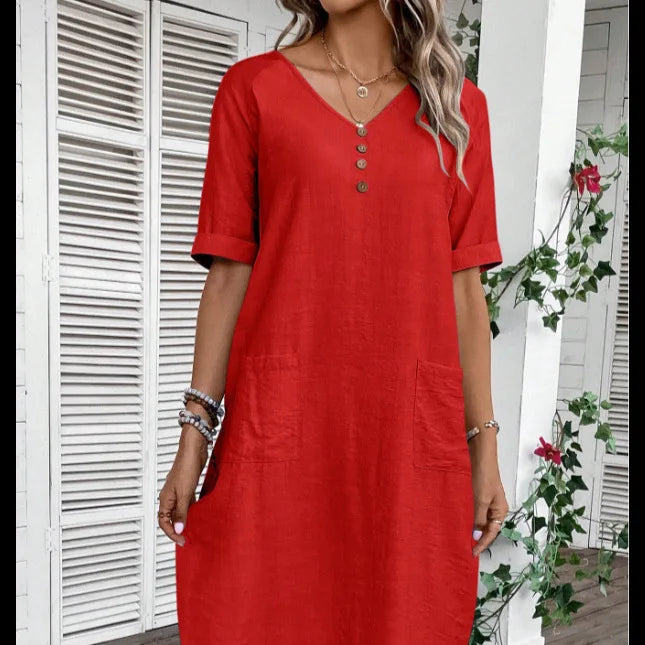 Cotton Linen Casual Women's Dresses 2026 Spring/Summer Holiday Short Sleeve Solid V-neck pokect Large Swing Loose Dress