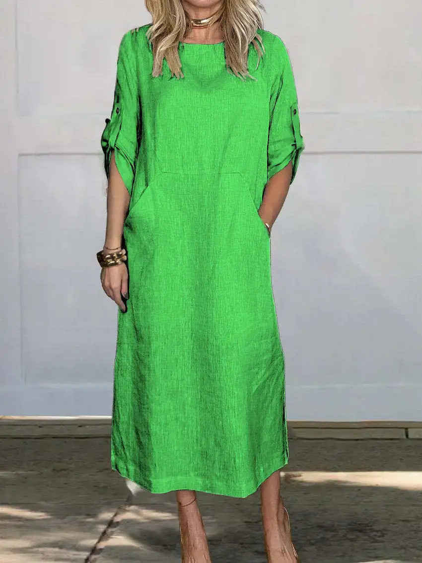 New Women's Clothing 2024 Summer Loose Casual Solid Color Short Sleeved Cotton Linen Fashionable Button With Pocket Dress