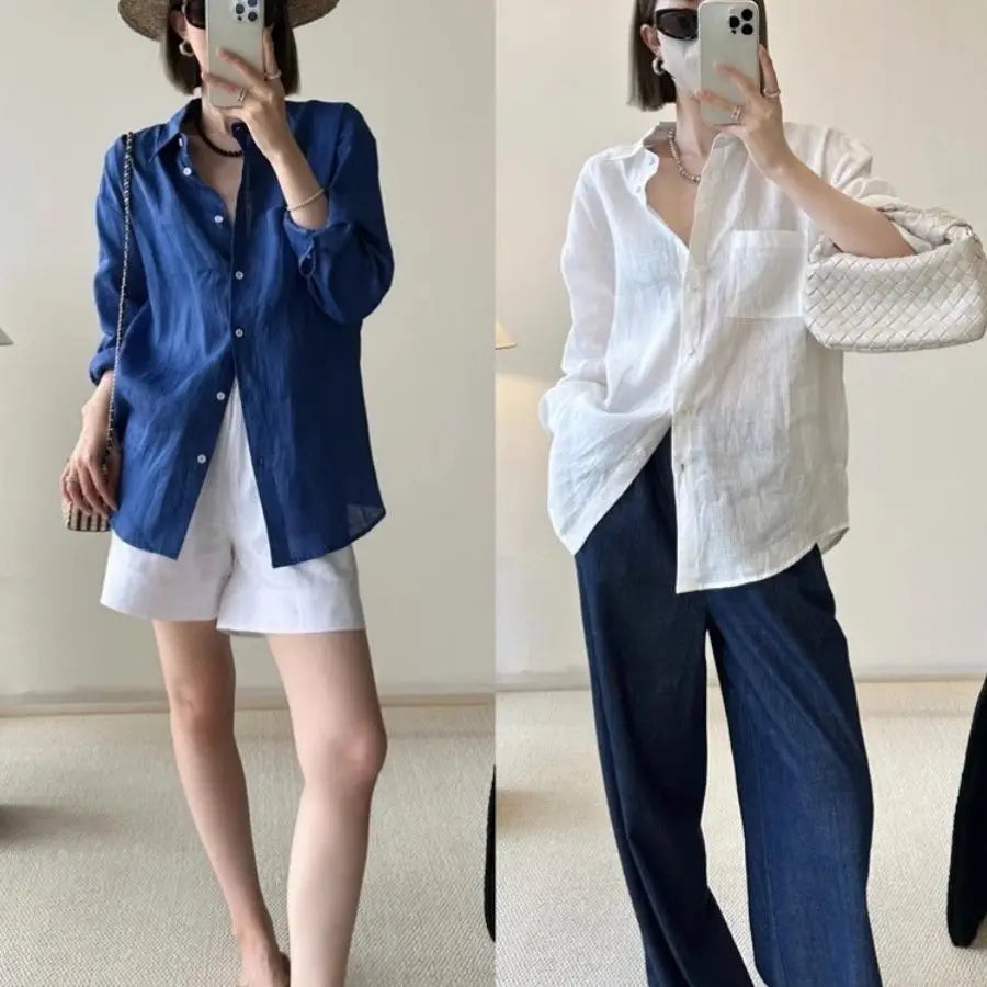 French linen long-sleeved shirt for women, summer thin loose cover-up sun protection top