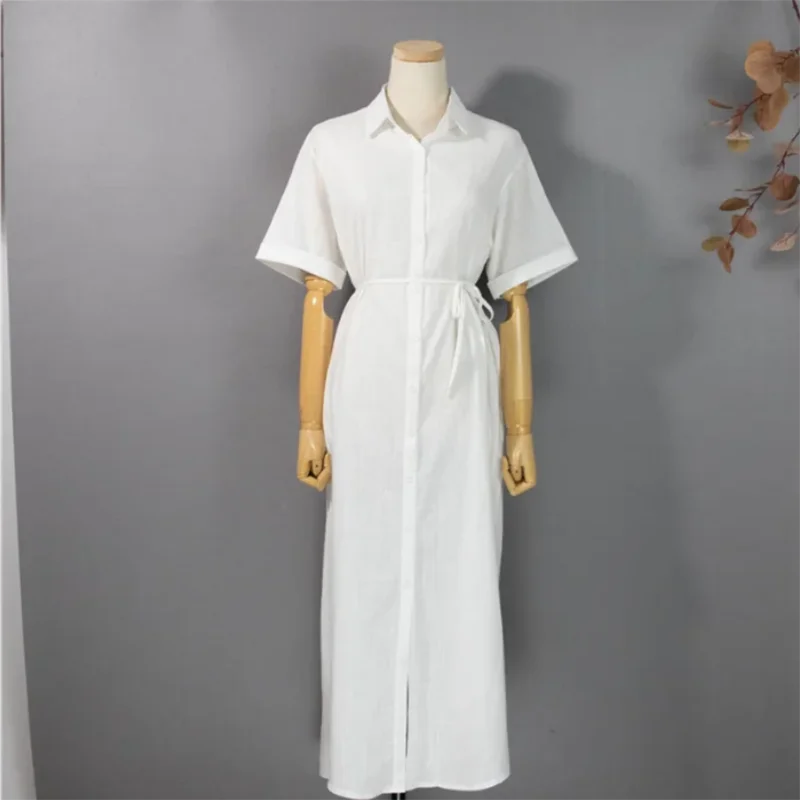 Cotton Linen Women Long Dresses Female New Fashion Loose Clothes Ladies Short Sleeve Turn down Collar Commuting Loose Cardigan