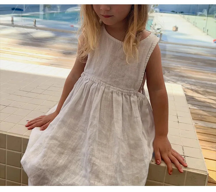 Linen Sleeveless Vest Dress Girls 2026 Summer New Cute Sunshine Baby Girl Dress Waist Pleated Round Neck Cotton Linen Dresses