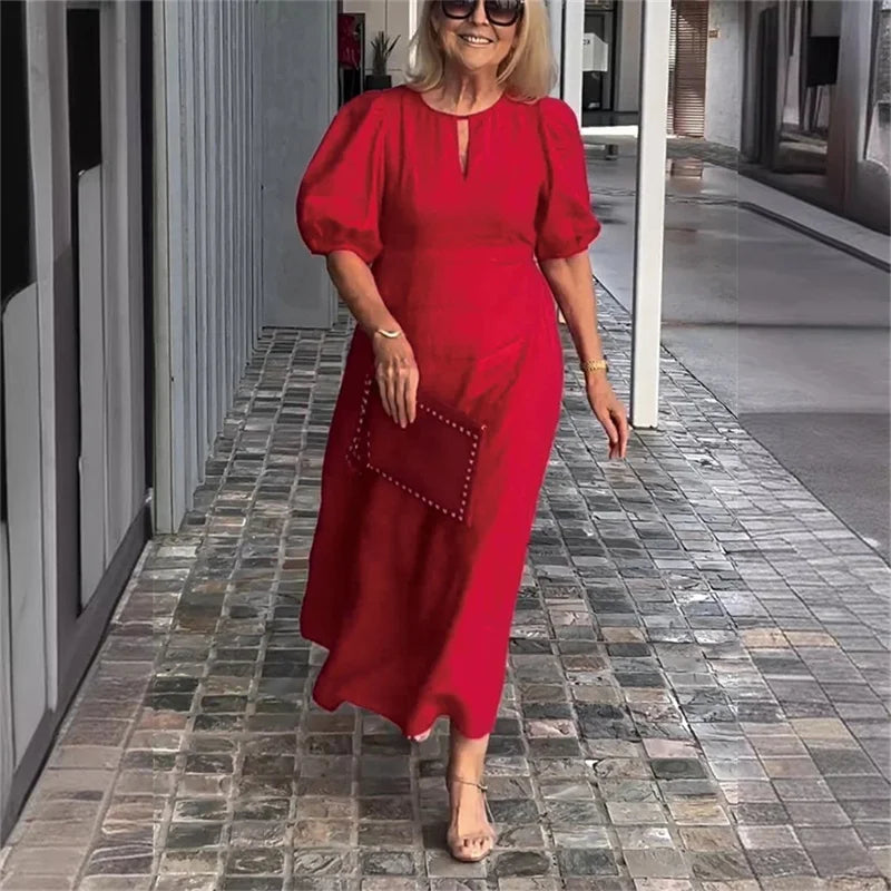 Women New Hollow Out O Neck Pullover Dresses Female Loose Casual Commuter Solid Color Gown Summer Bubble Short Sleeve Dress