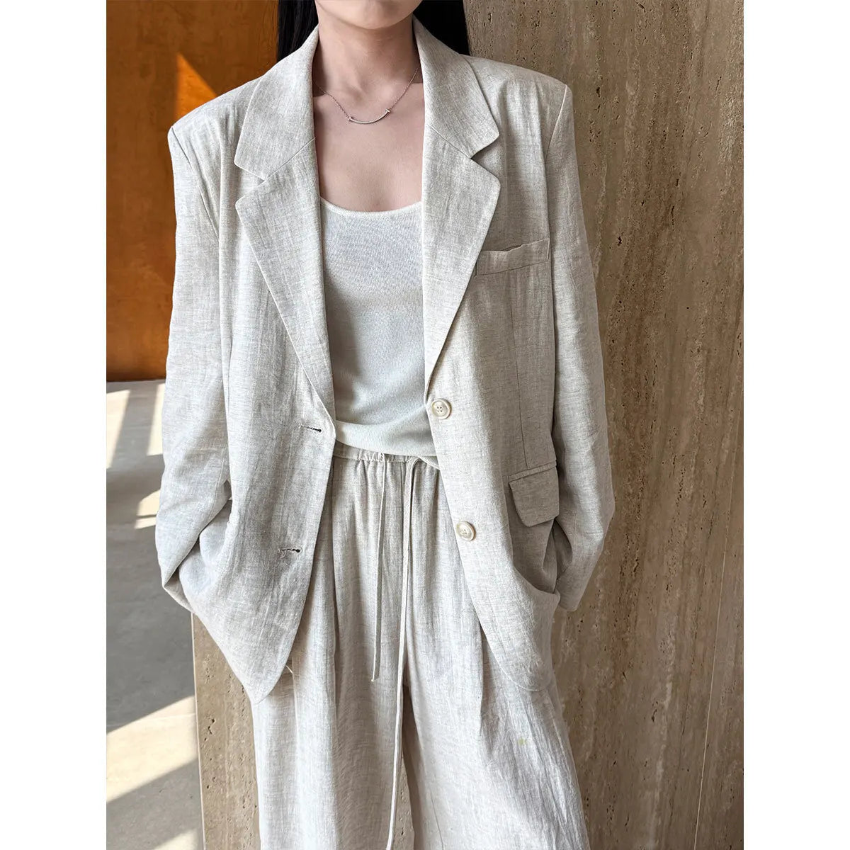 Linen Blazer For Women 2025 Spring Cotton-linen Suit + Pants Set Sold Separately