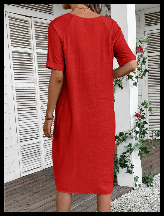 Cotton Linen Casual Women's Dresses 2026 Spring/Summer Holiday Short Sleeve Solid V-neck pokect Large Swing Loose Dress