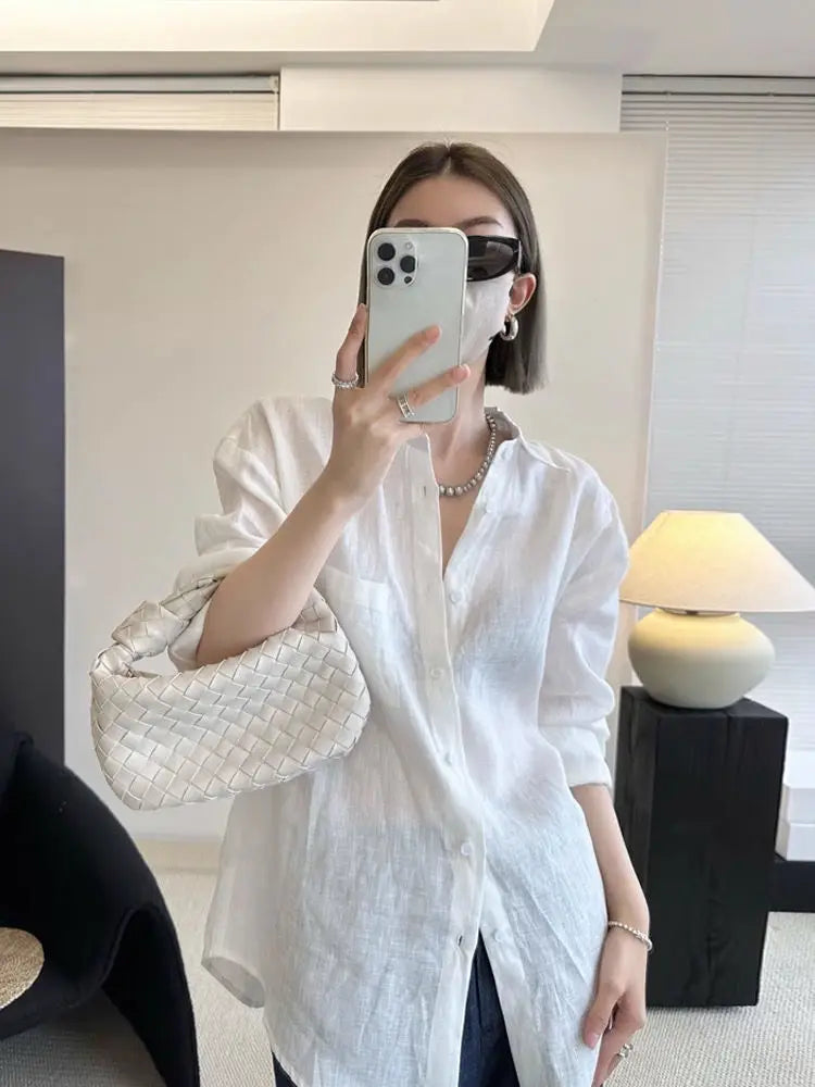 French linen long-sleeved shirt for women, summer thin loose cover-up sun protection top