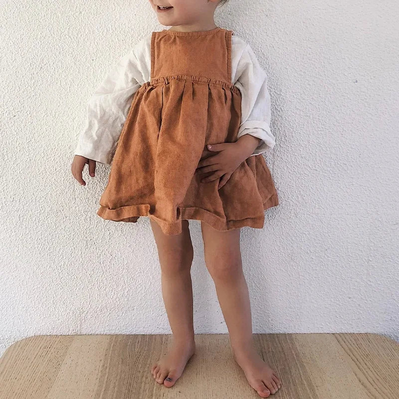 Linen Sleeveless Vest Dress Girls 2026 Summer New Cute Sunshine Baby Girl Dress Waist Pleated Round Neck Cotton Linen Dresses