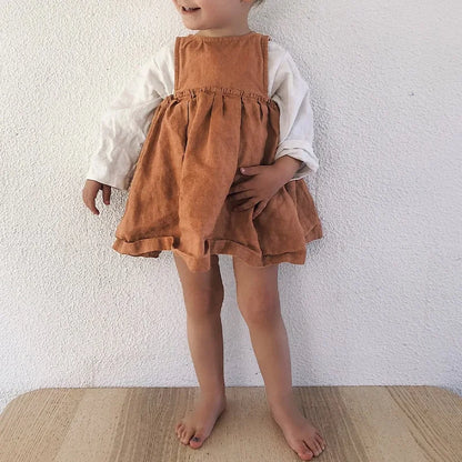 Linen Sleeveless Vest Dress Girls 2026 Summer New Cute Sunshine Baby Girl Dress Waist Pleated Round Neck Cotton Linen Dresses