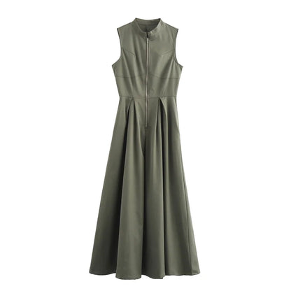MUJER Zipper Long Dress Woman Pleated Sleeveless Bodycon Dress Summer Elegant Party Dresses For Women 2025 New Midi Dresses