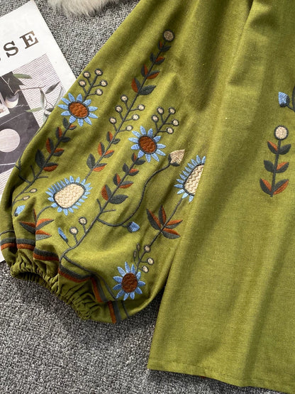 Women Spring Blouse Ethnic Style Retro Literature Loose Embroidered Cotton Linen Round Neck Pullover Shirt Casual Top D3549