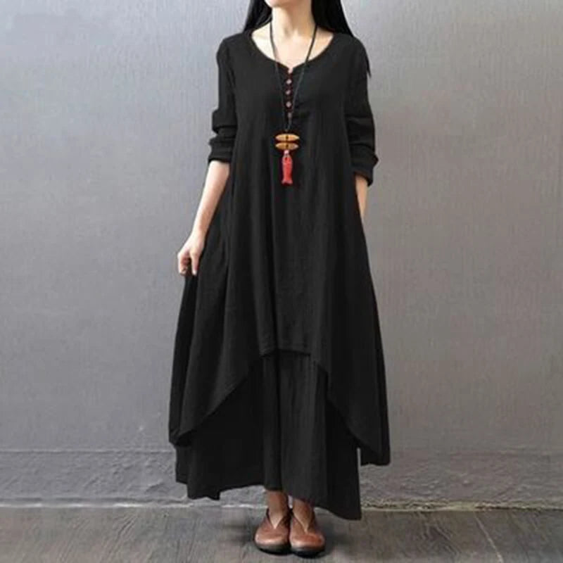 Spring Autumn New Women Elegant Dresses Bohemia Layering Vintage Robe Long Sleeve Loose Long Dress Female Cotton Hemp Skirt
