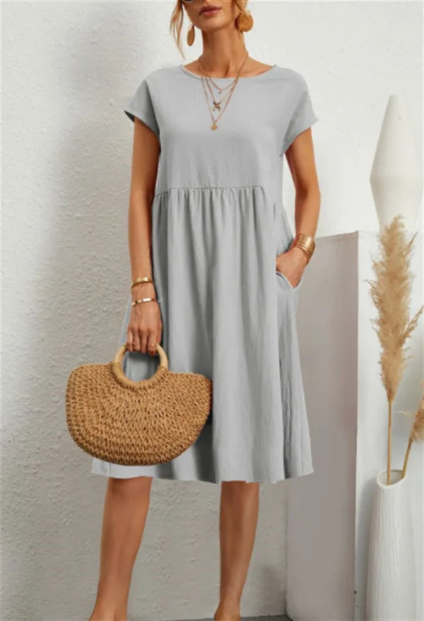 Cotton Linen Dress For Women Summer Casual Splicing Pocket Dresses Vestido Fashion Female Clothing Short Sleeve Loose Midi Dress
