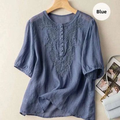 Summer New Artistic Retro Loose Design Embroidered Cleanfit round Ne ort Sve Ladies T-irt Linen Fabric Plant Floral