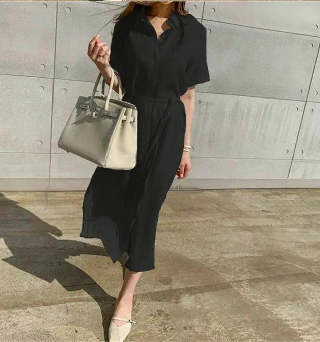 Cotton Linen Women Long Dresses Female New Fashion Loose Clothes Ladies Short Sleeve Turn down Collar Commuting Loose Cardigan