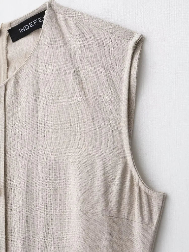 Elegant Linen Blend Belted Sleeveless Midi Dress