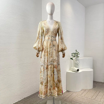 Re-tro 2026 Linen Silk Beige Floral Print Long Sleeve Dress