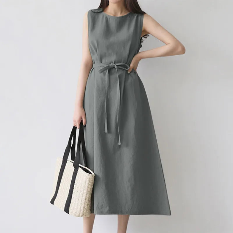 Beige Cotton Linen Belted Long Sleeveless Dress