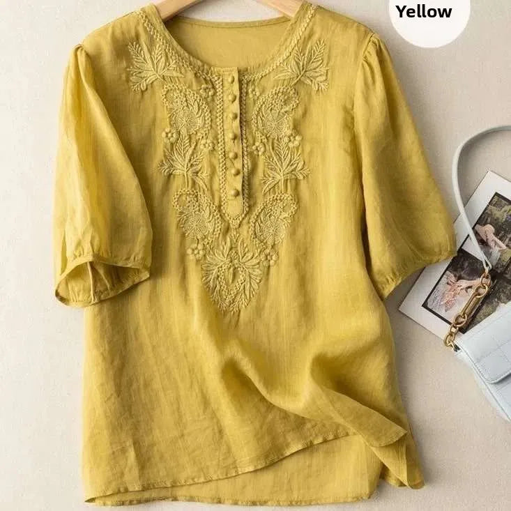 Summer New Artistic Retro Loose Design Embroidered Cleanfit round Ne ort Sve Ladies T-irt Linen Fabric Plant Floral