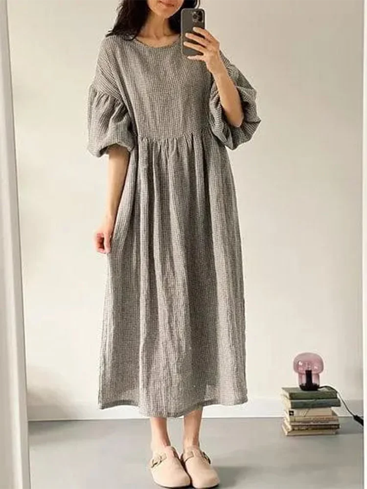 Msfancy Puff Sleeve Dress Women Cotton Short Sleeve Loose Robe Femme 2023 Vintage Vocation Vestidos