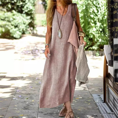Summer Cotton Linen Dresses Women Casual V Neck Sleeveless