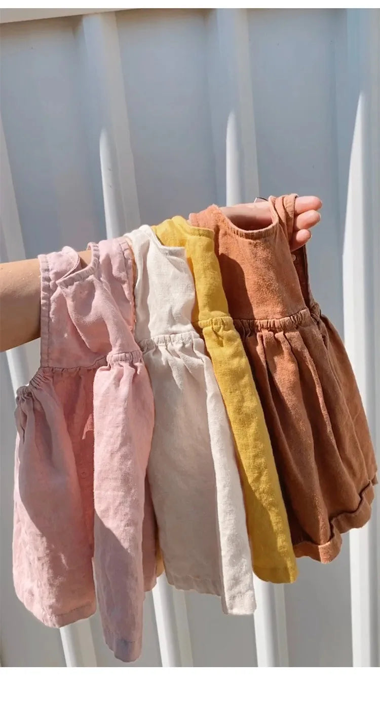 Linen Sleeveless Vest Dress Girls 2026 Summer New Cute Sunshine Baby Girl Dress Waist Pleated Round Neck Cotton Linen Dresses