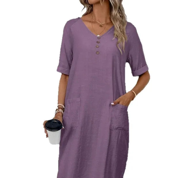 Cotton Linen Casual Women's Dresses 2026 Spring/Summer Holiday Short Sleeve Solid V-neck pokect Large Swing Loose Dress