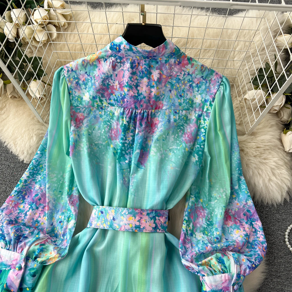 French Style Retro Fresh Print Chiffon Dress 2024 New Loose Elegant Slim Robe Stand Collar Single Breasted Long Sleeve Ropa