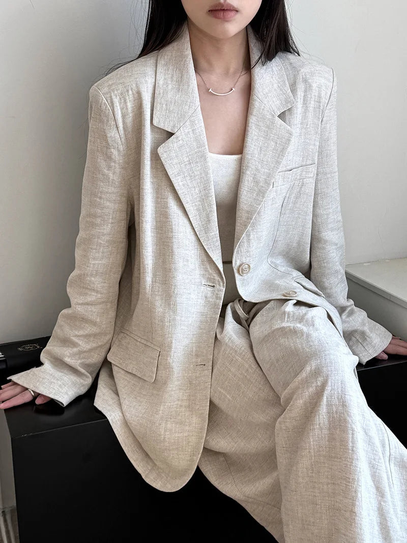 Linen Blazer For Women 2025 Spring Cotton-linen Suit + Pants Set Sold Separately