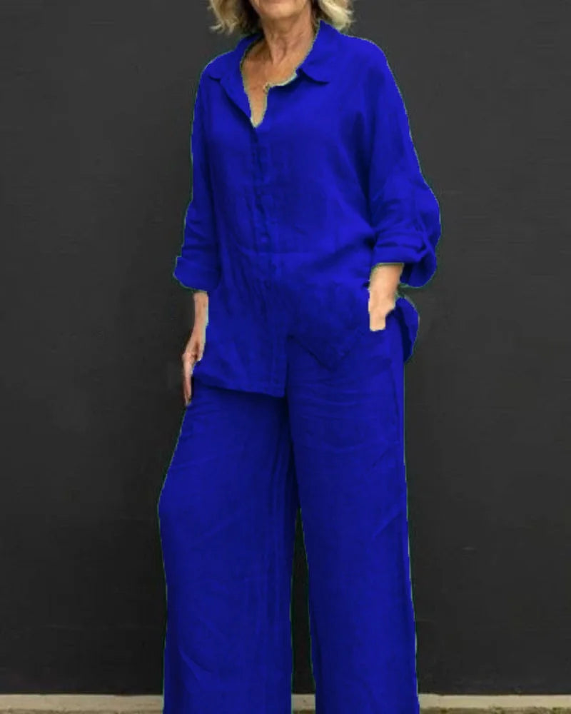 Linen Lapel Two Pieces Set Autumn Vintage Solid Color Long Sleeve Button Shirt Blouse Women Casual Loose Straight Pants Suits