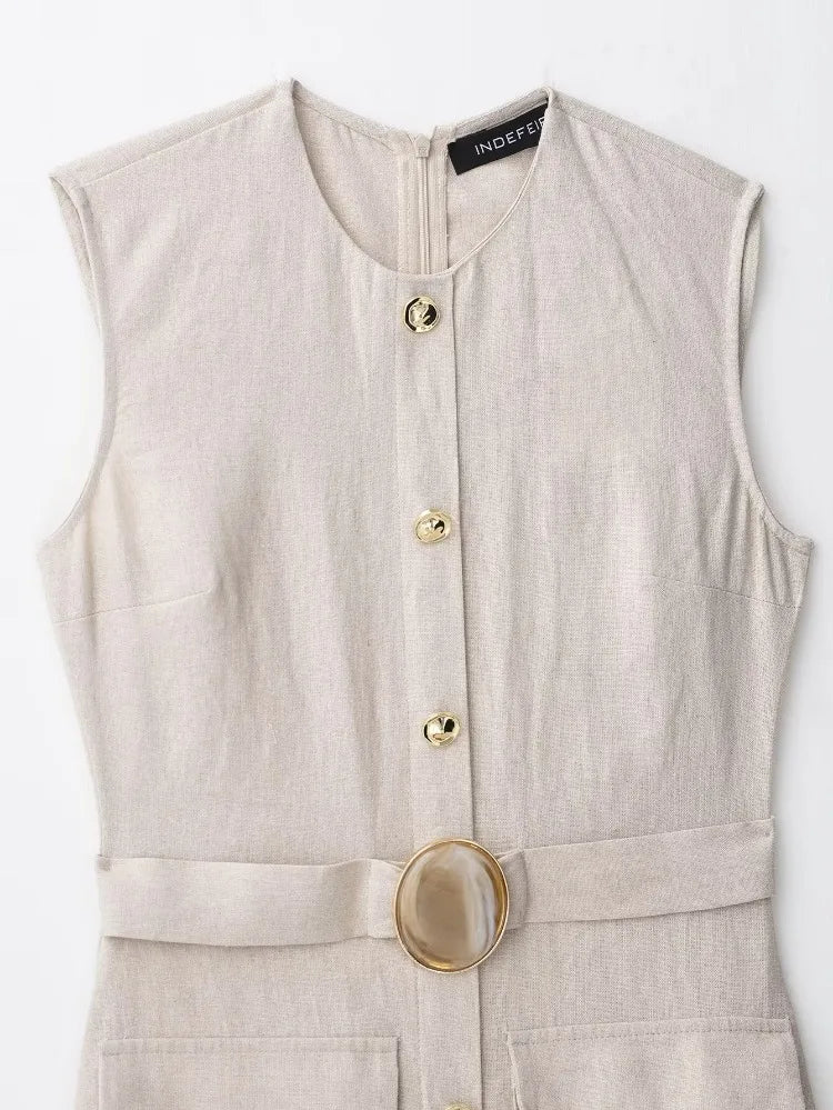 Elegant Linen Blend Belted Sleeveless Midi Dress