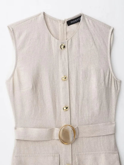 Elegant Linen Blend Belted Sleeveless Midi Dress