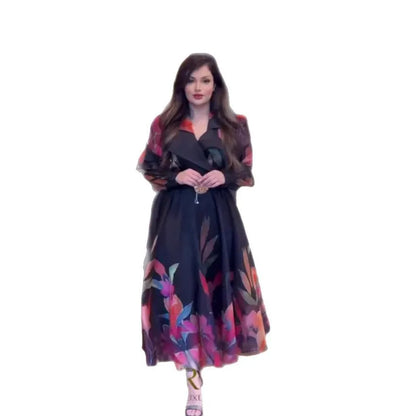 Fashionable Floral Print Dress 2025 Spring New Style Midi Skirt Casual Comfortable Polyester Long Sleeve Loose Waist Dress