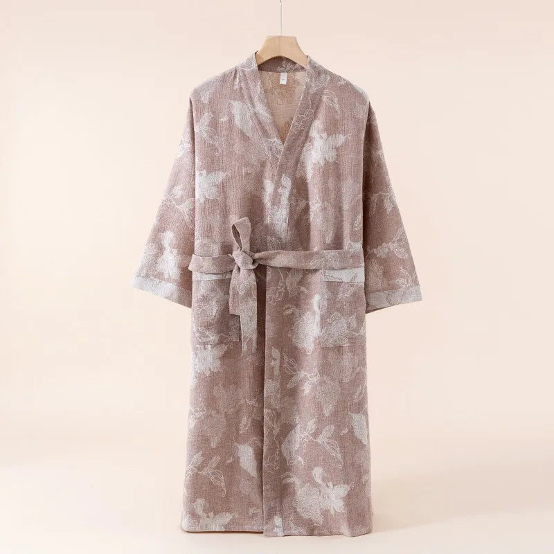 2025 Cotton and Linen Nightgown Thin Long Lace-up Bathrobe Casual Loose Women&