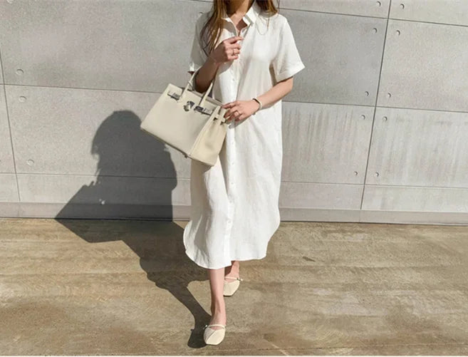 Cotton Linen Women Long Dresses Female New Fashion Loose Clothes Ladies Short Sleeve Turn down Collar Commuting Loose Cardigan