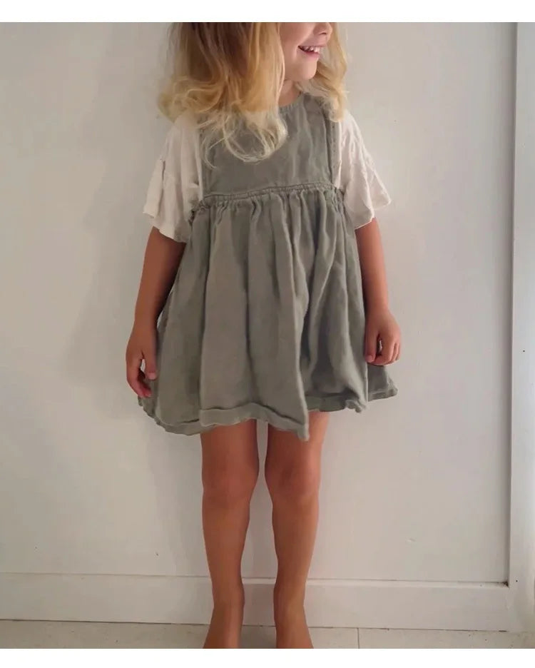 Linen Sleeveless Vest Dress Girls 2026 Summer New Cute Sunshine Baby Girl Dress Waist Pleated Round Neck Cotton Linen Dresses