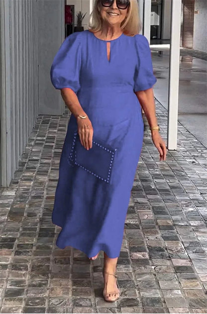 Women New Hollow Out O Neck Pullover Dresses Female Loose Casual Commuter Solid Color Gown Summer Bubble Short Sleeve Dress