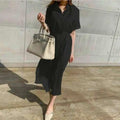 Cotton Linen Women Long Dresses Female New Fashion Loose Clothes Ladies Short Sleeve Turn down Collar Commuting Loose Cardigan
