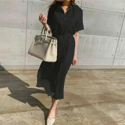 Cotton Linen Women Long Dresses Female New Fashion Loose Clothes Ladies Short Sleeve Turn down Collar Commuting Loose Cardigan
