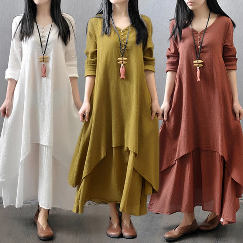 Spring Autumn New Women Elegant Dresses Bohemia Layering Vintage Robe Long Sleeve Loose Long Dress Female Cotton Hemp Skirt