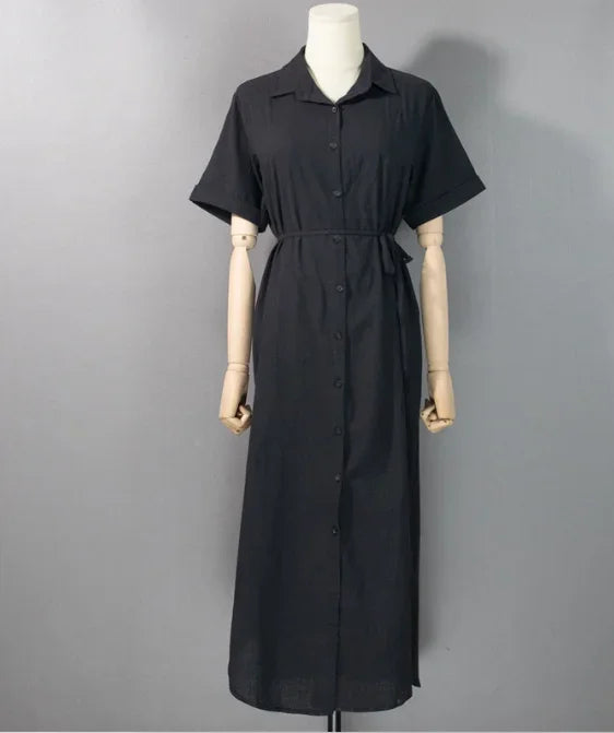 Cotton Linen Women Long Dresses Female New Fashion Loose Clothes Ladies Short Sleeve Turn down Collar Commuting Loose Cardigan