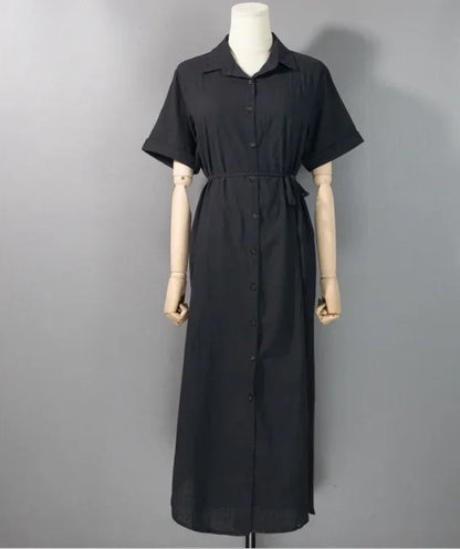 Cotton Linen Women Long Dresses Female New Fashion Loose Clothes Ladies Short Sleeve Turn down Collar Commuting Loose Cardigan
