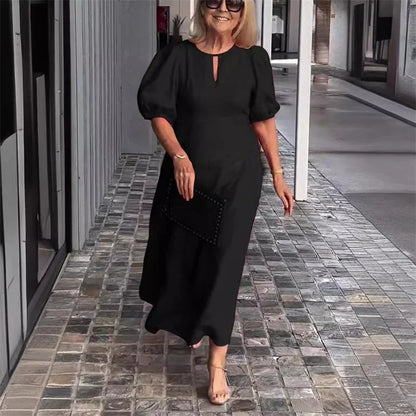 Women New Hollow Out O Neck Pullover Dresses Female Loose Casual Commuter Solid Color Gown Summer Bubble Short Sleeve Dress