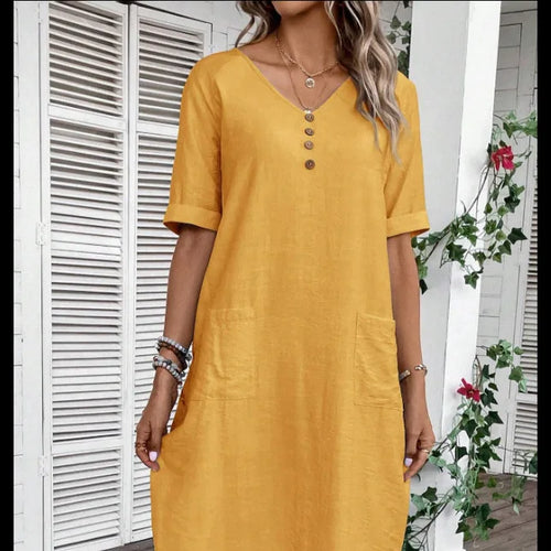 Cotton Linen Casual Women's Dresses 2026 Spring/Summer Holiday Short Sleeve Solid V-neck pokect Large Swing Loose Dress