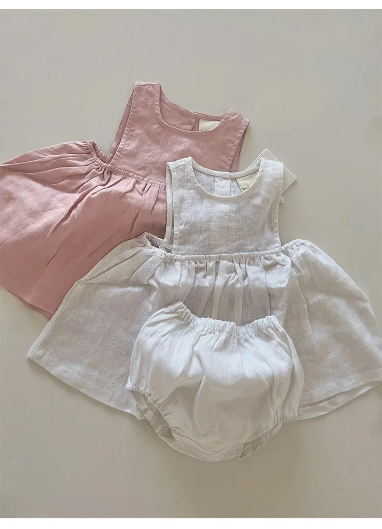 Linen Sleeveless Vest Dress Girls 2026 Summer New Cute Sunshine Baby Girl Dress Waist Pleated Round Neck Cotton Linen Dresses