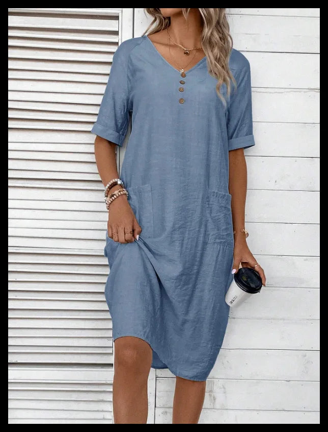 Cotton Linen Casual Women's Dresses 2026 Spring/Summer Holiday Short Sleeve Solid V-neck pokect Large Swing Loose Dress