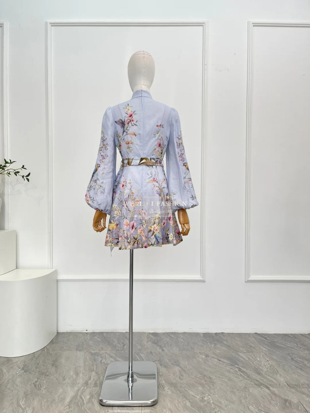 Linen Women Clothes Hight Quality Blue Floral Print Long Sleeve Self Bow Tie At Waist Mini Dress