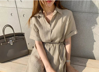 Cotton Linen Women Long Dresses Female New Fashion Loose Clothes Ladies Short Sleeve Turn down Collar Commuting Loose Cardigan
