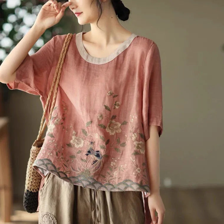Cotton Linen Blouse Floral Print Womens Tops Spring Summer Literary Retro Embroidery Top Casual Contrast Round Neck Blouses